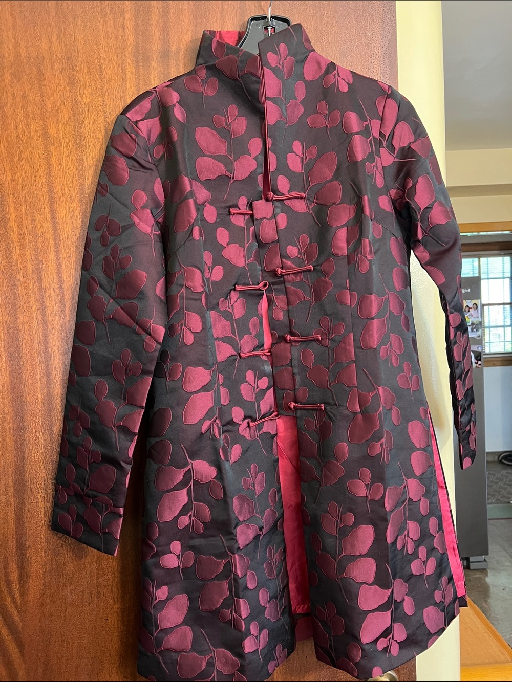Women's Black & Burgundy Floral Brocade Mandarin Coat